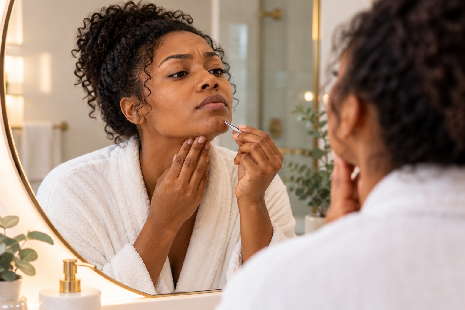 A woman in a white robe studying her chin in a bathroom mirror, holding a pair of tweezers